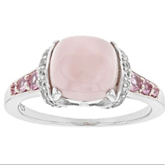Genuine Peruvian Pink Opal Pink Sapphire & White Zircon Ring Sterling Silver Sz9 - Picture 1 of 4
